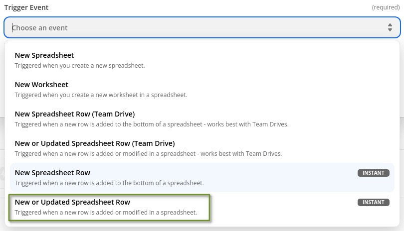 Choose New or Updated Spreadsheet Row