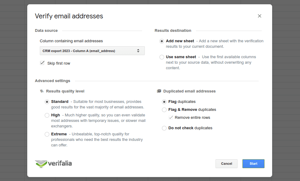 Selection of email verification options within the Verifalia Google Sheets add-on